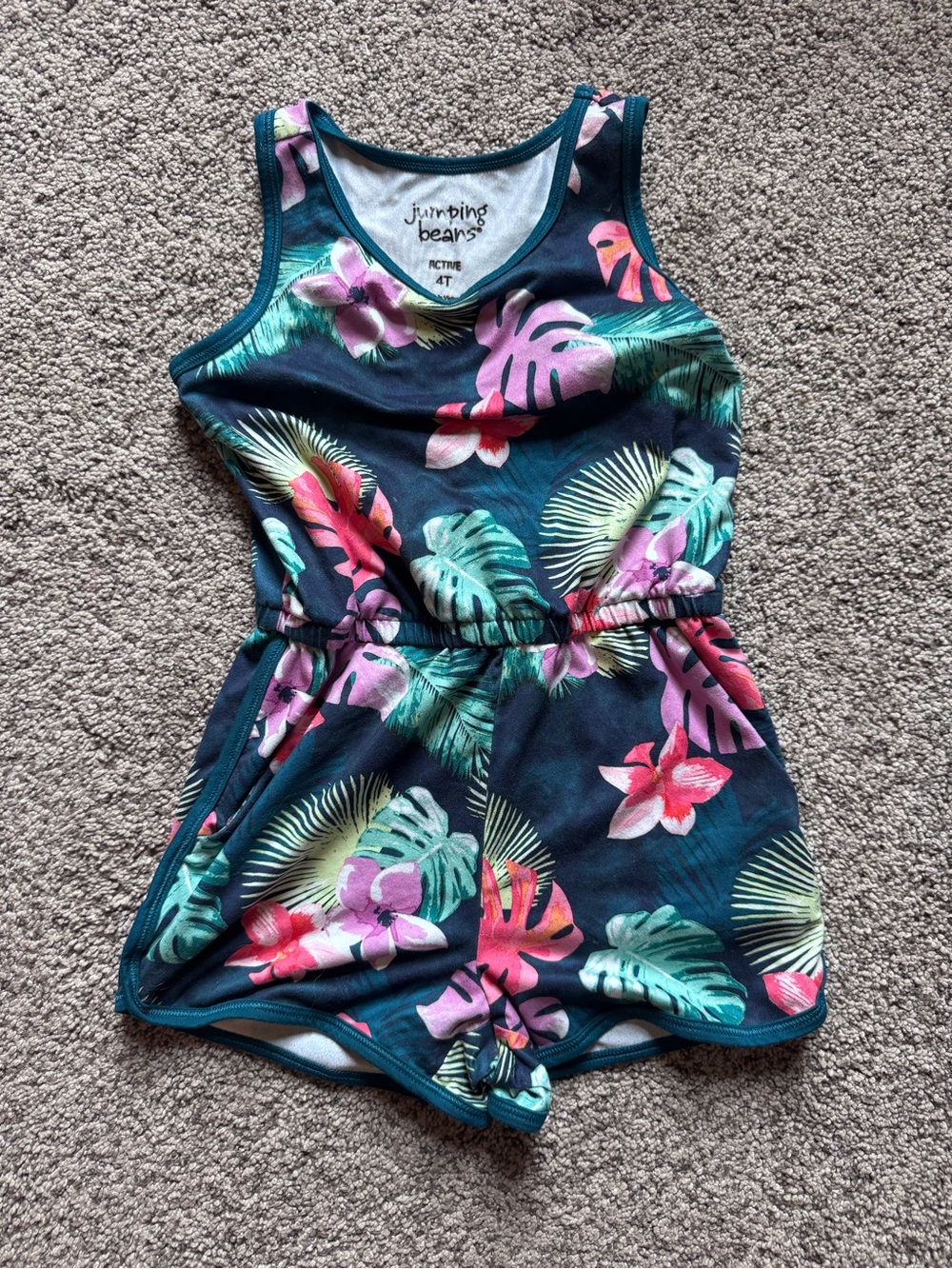 jumping beans Teal Tropical Floral Romper with Pink & Green Accents